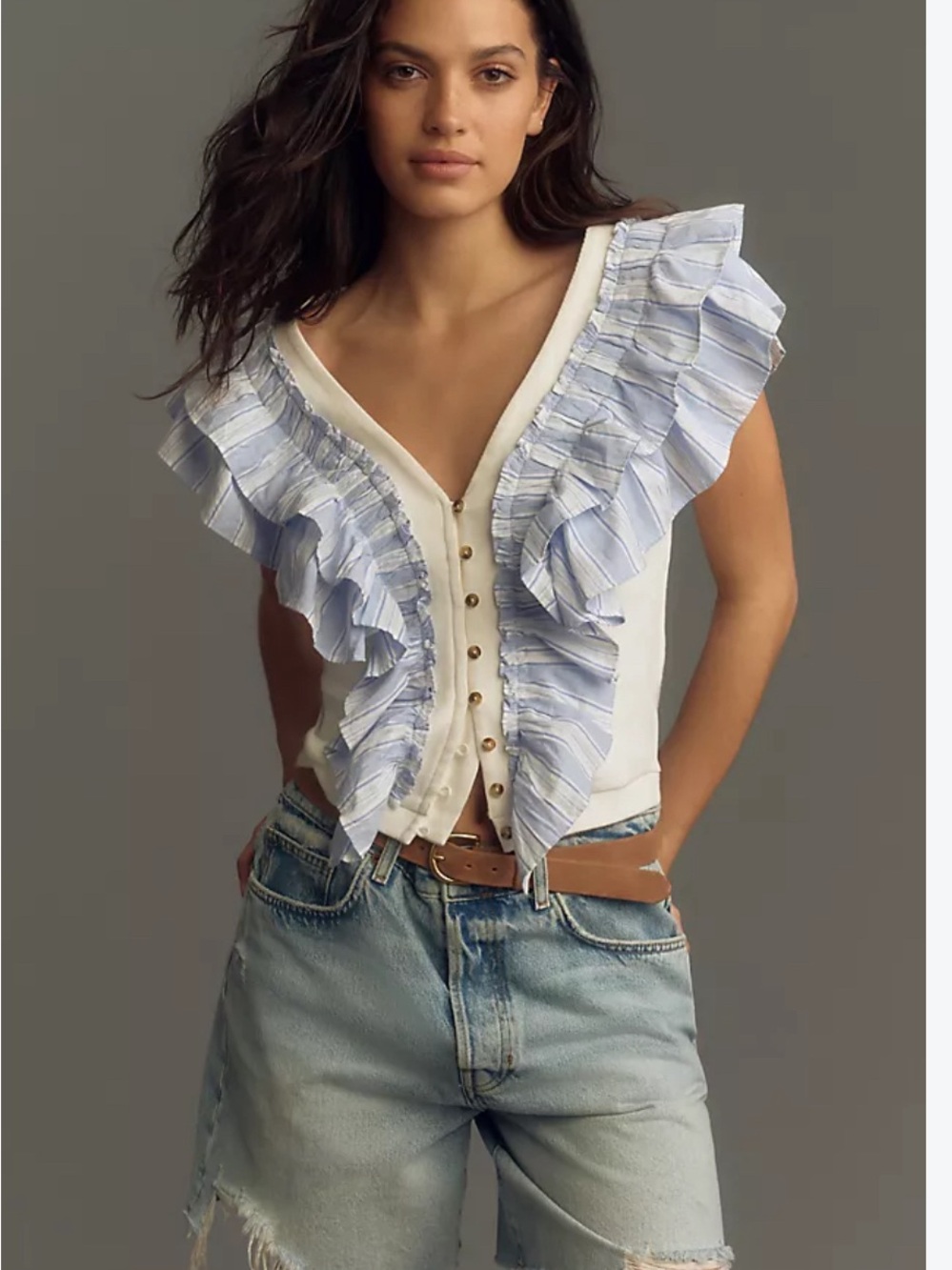 Anthropologie Cream Tank with Light Blue Striped Ruffle